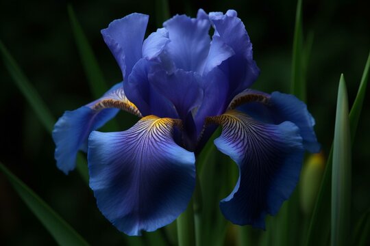 A vibrant blue iris flower. Generative AI