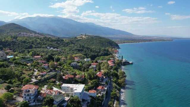 Aerial view of the Platamon town sea-side resort and Platamon Castle is a Crusader castle in Macedonia, Greece and is located southeast of Mount Olympus