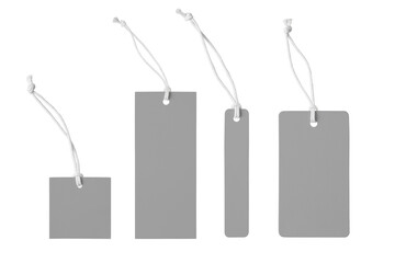 Various shape of blank gray paper label or cloth tag set isolated on white, transparent background, PNG. Price tag mockup template with copy space for brand, information. Shopping, black friday sale