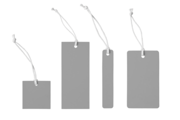 Various shape of blank gray paper label or cloth tag set isolated on white, transparent background, PNG. Price tag mockup template with copy space for brand, information. Shopping, black friday sale