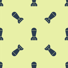 Blue Aviation bomb icon isolated seamless pattern on yellow background. Rocket bomb flies down. Vector