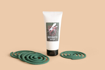 Mosquito repellent products on beige background