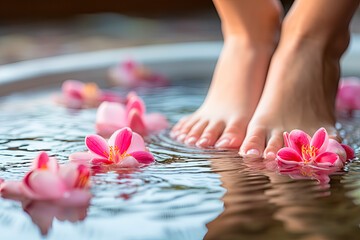 Pedicure treatment being performed on female feet at a spa 
