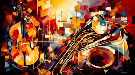 Abstract colorful music background with violin and saxophone, digital painting. AI generative.
