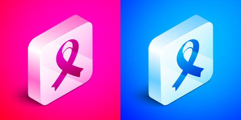 Isometric Awareness ribbon icon isolated on pink and blue background. Public awareness to disability, medical conditions and health. Silver square button. Vector