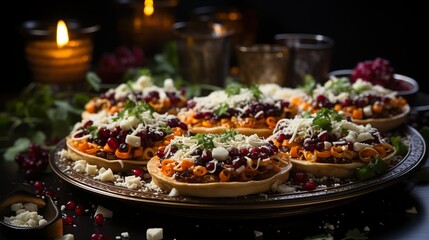 Sopes topped with beans, lettuce, and crumbled cheese on a black plate