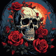 Skull surround with Dark Red Roses