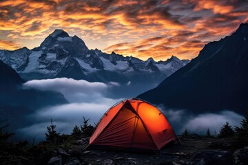 Tent in the mountains at sunset. Wild camping in the mountains.