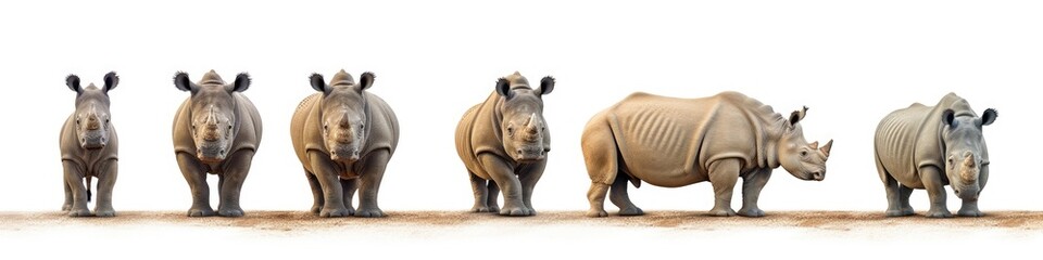 Fototapeta premium Collection of Rhinos isolated on white background. Wildlife safari banner