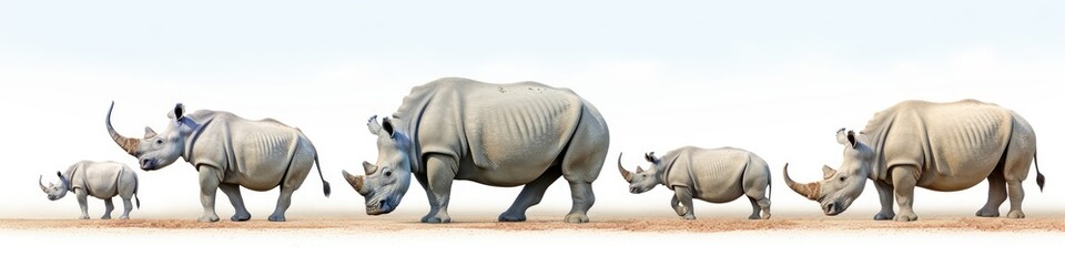 Obraz premium Collection of Rhinos isolated on white background. Wildlife safari banner