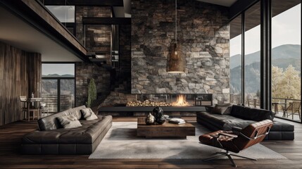 Modern living room furnished in brown color with stone decoration and large windows to nature