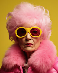 Close-up photo of an amazing charming European pink curly haired old woman, Pink hair and dress with yellow sunglasses, poster banner header with copy space
