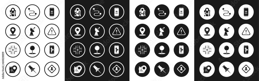 Poster set infographic of city map navigation, radar, map pointer with star, folded location marker, exclam