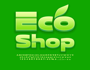Vector green logo Eco Shop with decorative Leaf. Modern 3D Font. Unique set of Alphabet Letters, Numbers and Symbols