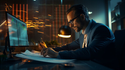 close up of businessman signing contract on desk in office at night.