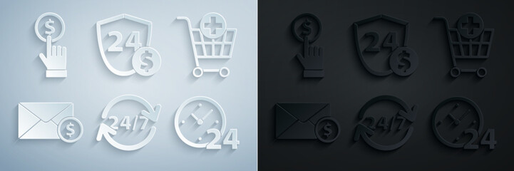 Set Clock 24 hours, Add to Shopping cart, Envelope with coin dollar, Shield and Hand holding icon. Vector