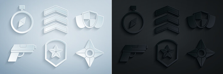 Set Police badge, Shield, Pistol or gun, Japanese ninja shuriken, Military rank and Compass icon. Vector