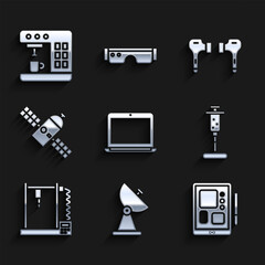 Set Laptop, Radar, Graphic tablet, Syringe, 3D printer, Satellite, Air headphones and Coffee machine icon. Vector