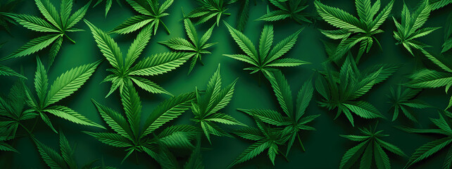 Grüne Cannabisblätter auf grünem Hintergrund - obrazy, fototapety, plakaty