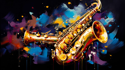 Painting of a saxophone on a colorful abstract background. Illustration. Ai generative.