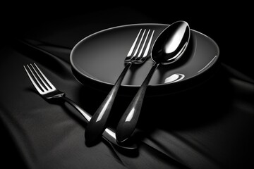 A spoon and fork on the table in black tones