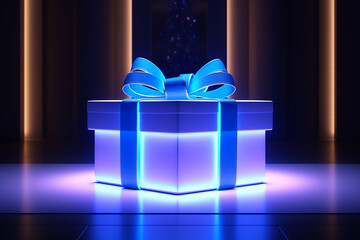Purple neon gift box with blue bow. Generative AI