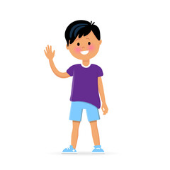 Cheerful boy in shorts and purple t-shirt waving his hand at flat illustration. Little schoolboy character. Vector illustration isolated on white background