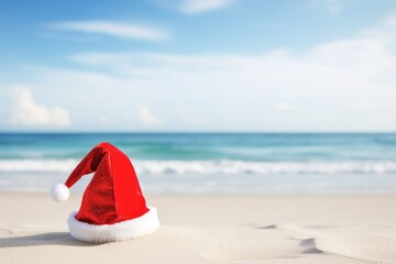 Santa's hat in the sand, beach vacations, christmas and sea concept - obrazy, fototapety, plakaty
