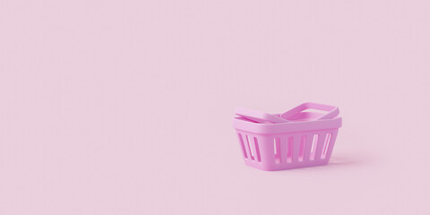 Cartoon shopping basket on pink background. Minimal style empty grocery shopping cart. 3D render illustration