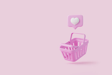 Cartoon shopping basket with heart sign on notification speech bubble on pink background. Minimal style empty grocery shopping cart. 3D render illustration