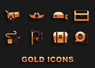 Set Pirate flag, Antique treasure chest, Skull, Smoking pipe, bandana for head, Cannon and hat icon. Vector