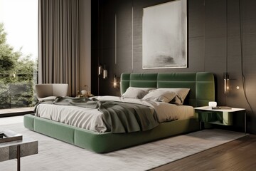 Sleek contemporary bedroom with a green bed. Generative AI