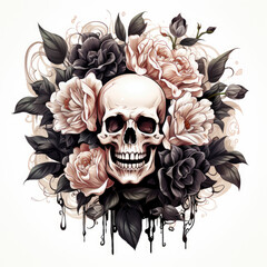 Skull Black and White Line Surrounded with Roses