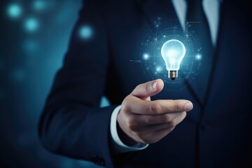A businessman holds a virtual light bulb in his hand. Innovation technology