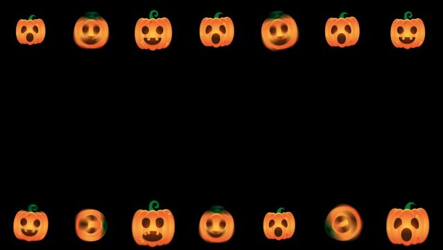 Bouncing orange pumpkins that transform from one shape to another in cartoon style, in the bottom and at the top of the black screen, spirited depiction of Halloween Day, copy space in the center