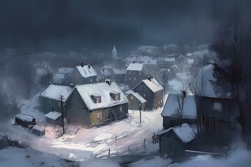 A digital oil painting of a snowy village during a blizzard. Idyllic winter scene. Generative AI