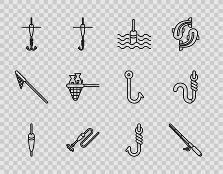Set line Fishing float, rod, water, line with hook and, net fish, and worm icon. Vector