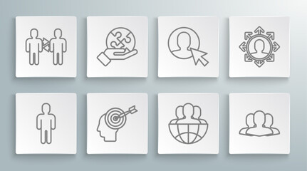 Set line User of man in business suit, Piece puzzle hand, Head hunting concept, Globe people, Users group, Project team base and icon. Vector