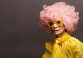 Close-up photo of an amazing charming European pink curly haired old woman, Pink hair and dress with yellow sunglasses, poster banner header with copy space