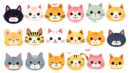 Funny cat animal head cartoon set in modern flat illustration style. Cute kitten pet collection, diverse breeds - domestic cats bundle.