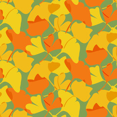 Vibrant transparent ginkgo leaves semless pattern. Flat vector simple design. Hand drawn silhouette bright autumn leaves. Goood for decoration, textile, wrapping paper, social media design