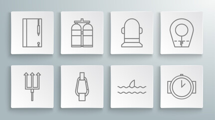 Fototapeta premium Set line Neptune Trident, Aqualung, Carabiner, Shark fin ocean wave, Diving watch, Buoy, hood and Underwater note book and pencil icon. Vector