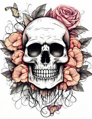 Fototapeta premium Skull Black and White Line Surrounded with Roses