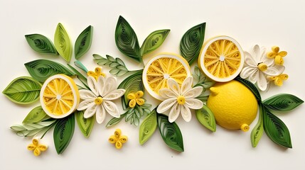 Lemons plant and flowers paper quilling isolated on white.