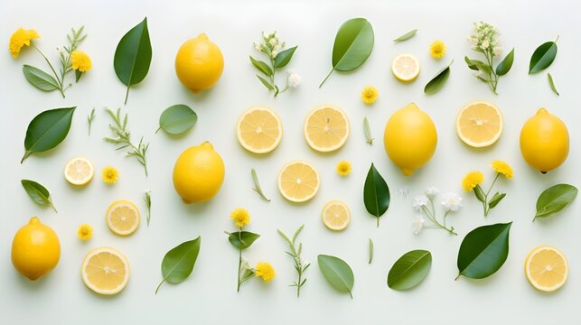 Lemons photo realistic flat lay pattern background.