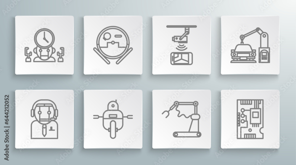 Poster set line worker robot, industrial machine robotic arm hand factory, electronic computer components m