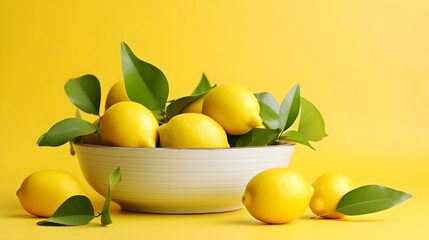 Lemons in a bowl. Minimal background with copy space.