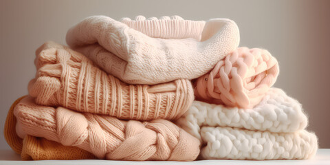 A pile of knitted sweaters, light soft pastel colors palette. Warm handmade sweaters for fall...