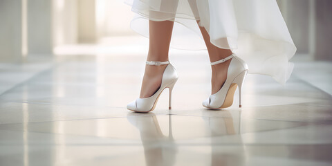 Bride feet walking with white heels. Closeup of woman legs in white bridal high heel shoes. 