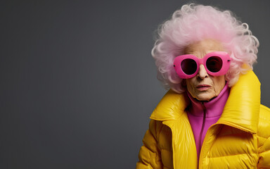 Close-up photo of an amazing charming European pink curly haired old woman, Pink hair and yellow dress with pink sunglasses